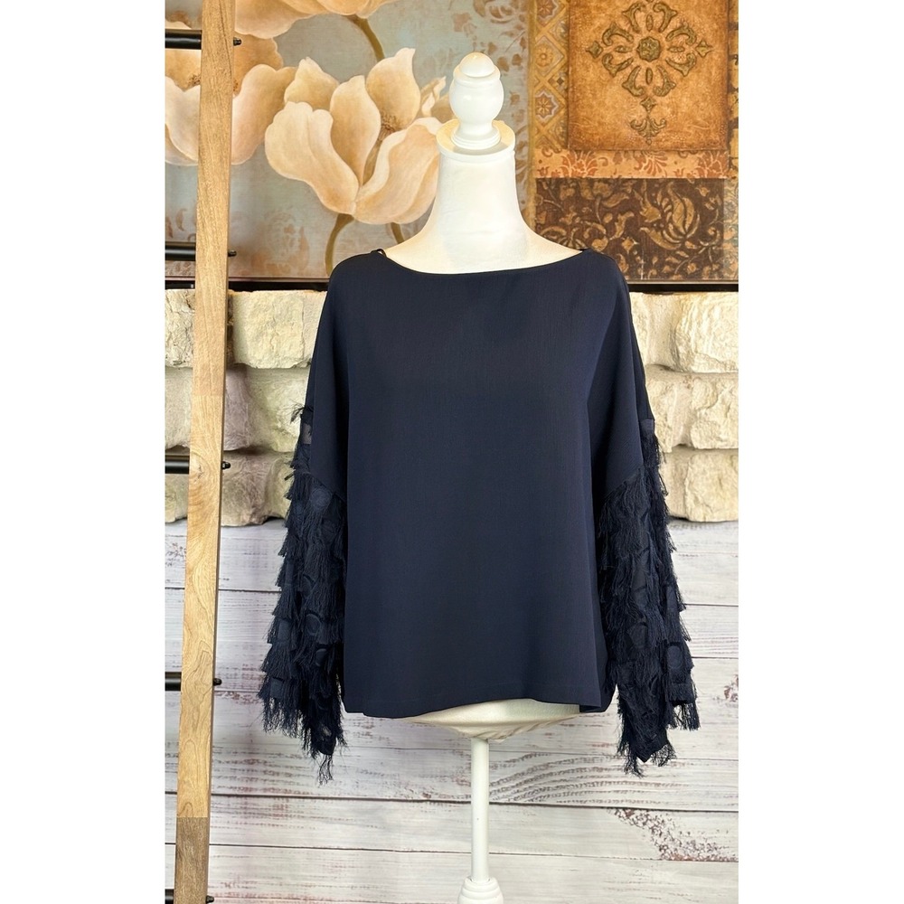 H&M Black Sheer Fringe Polka Dot Sleeve Blouse Top US 10